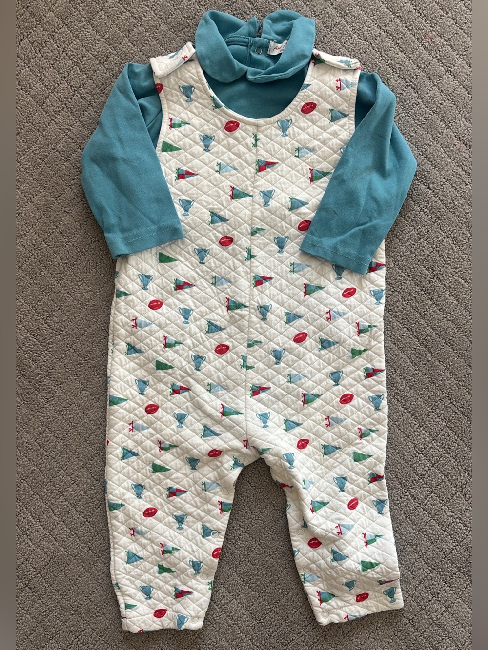 Quilted Baby Romper with Teal Long-Sleeve Peter Pan onesie